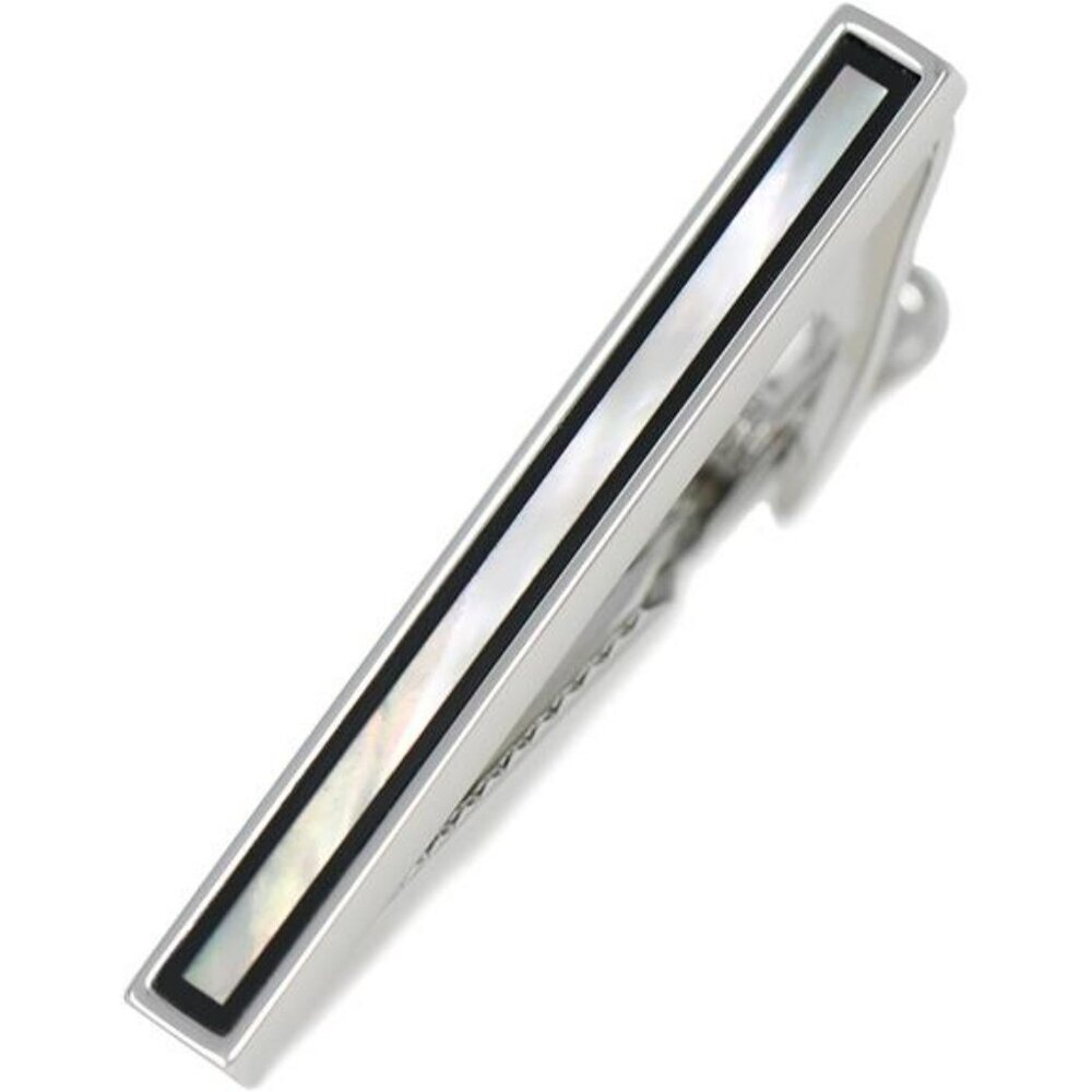 Mother of pearl tie clip silver onyx rim men's formal wedding suit accessory